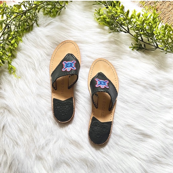 Jack Rogers Kennedy Leather Embroidered Icon Sandals Blue Women's Size 6 - Picture 2 of 6